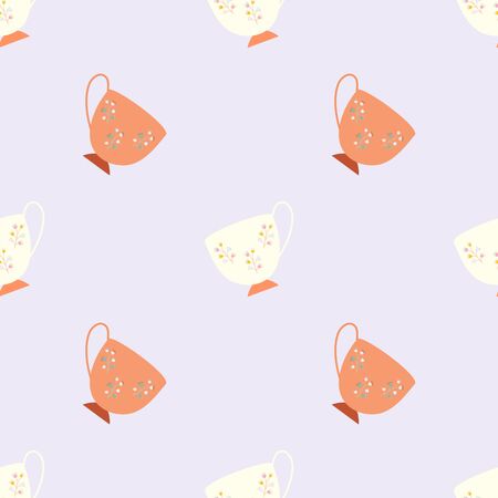 Simple seamless pattern with ivory and orange retro tea cups on lilac background. Endless design for textile, card, cover. Vector illustration.のイラスト素材