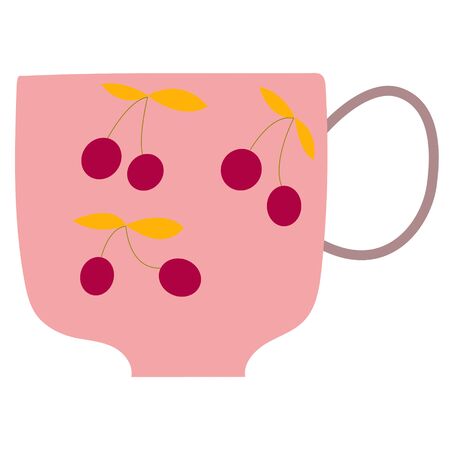 Retro pink tea cup with cherry decor isolated on white background. Flat cartoon style. Vector Illustration.のイラスト素材