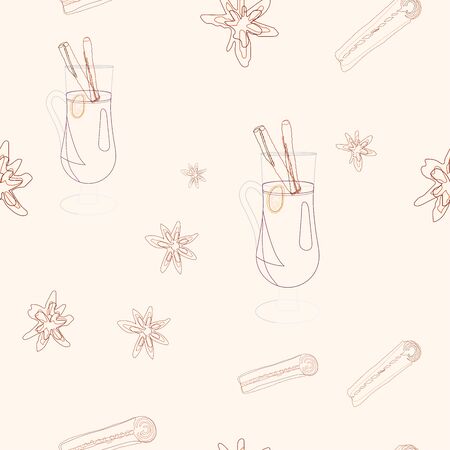 Glass with mulled wine and spices silhouette seamless pattern on beige background. Festive textile, web, wrapping paper, background fill.のイラスト素材
