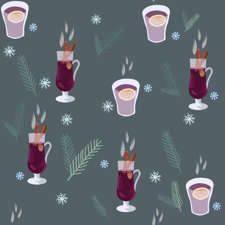 Glasses with mulled wine hand drawn seamless pattern. Festive textile, web, wrapping paper, background fill.のイラスト素材
