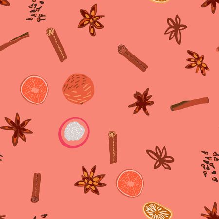 Mulled spices seamless pattern on coral background. Festive textile, web, wrapping paper, background fill.のイラスト素材