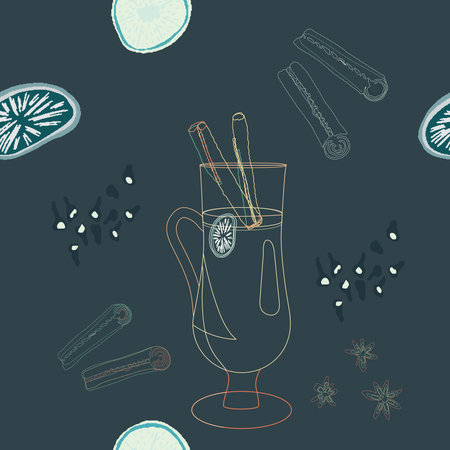 Silhouette of mulled wine cup and spices seamless pattern on black background. Festive textile, web, wrapping paper, background fill.のイラスト素材
