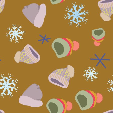 Illustration of knitted hats, beanies with snowflakes in seamless pattern on mustard background. Web, wrapping paper, textile, wallpaper design, background fill.のイラスト素材