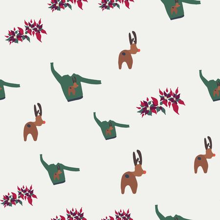 Green ugly sweater with funny reindeer and poinsettia seamless pattern. Festive knitted jumper endless design. Holiday decor knitted woolen clothes. Colorful vector illustration in flat cartoon style.のイラスト素材