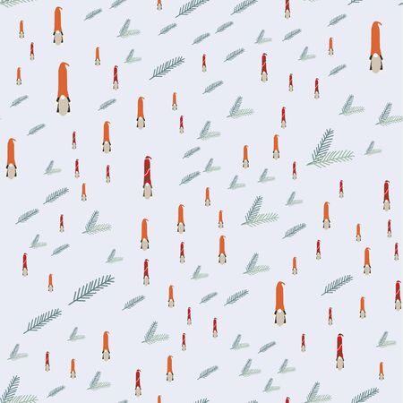 Seamless pattern with scandinavian gnomes pine tree spruce. Beautiful festive design with elves decorations. For wrapping paper, textiles, fabric. Flat cartoon style vector illustration.のイラスト素材