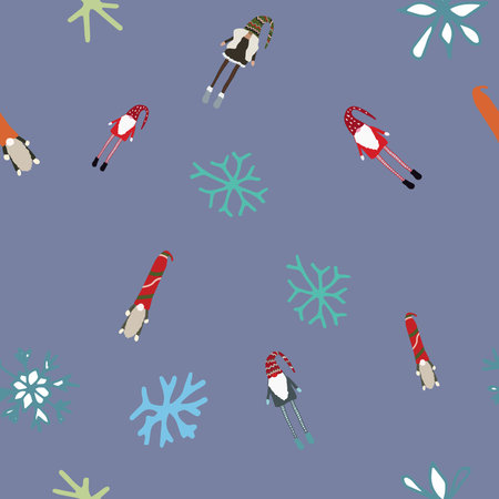 Seamless design with scandinavian gnomes and winter snowflakes. Beautiful festive design with elves...