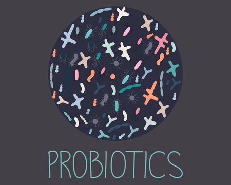 Circle with probiotics for good microorganisms concept. Probiotics note. Vector illustration in flat cartoon style. Propionibacterium, lactobacillus, lactococcus, bifidobacterium.のイラスト素材