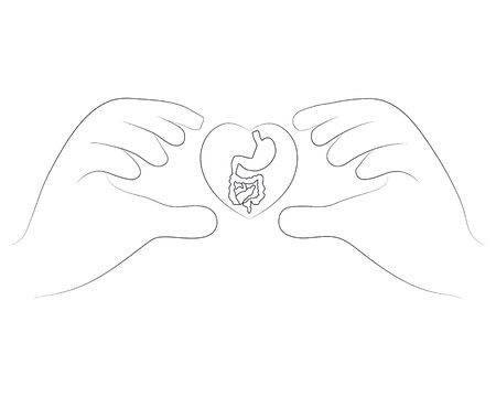 Hands holding guts in outline style illustration for probiotics health benefits. Vector illustration isolated on white background.のイラスト素材