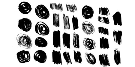 Collection of black brush strokes, paint traces, lines, smudges, smears, stains, scribbles isolated on white background. Vector illustration.のイラスト素材