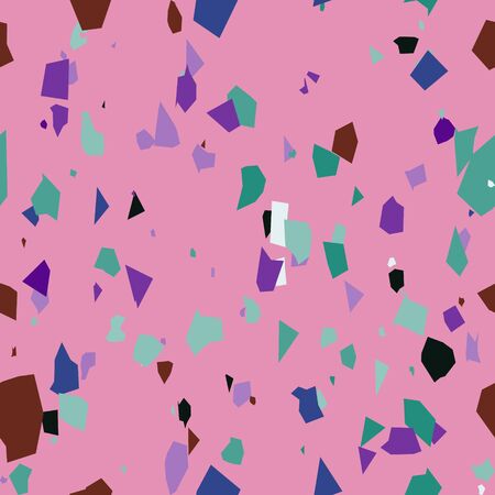 Chaotic stone terrazzo seamless pattern on pink background. Granite fragments texture. Italian flooring in Venetian style with natural stone, granite, quartz, marble and concrete. Vector illustration.のイラスト素材