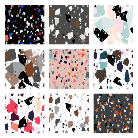 Beautiful collection with seamless pattern terrazzo trendy granite fragments creative backdrop. Chaotic stone pieces on white background. Modern marble textile, tile design vector illustration.のイラスト素材