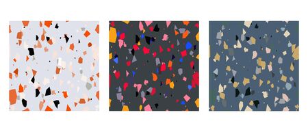 Set with seamless pattern terrazzo trendy granite fragments creative backdrop. Chaotic stone pieces on white background. Modern marble textile, tile design vector illustration.のイラスト素材