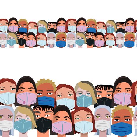 Seamless border with multinational crowd faces wearing protective mask. Latest trend news, fashion bloggers post. Flat cartoon illustration with copyspace on white background. Vector illustration.のイラスト素材