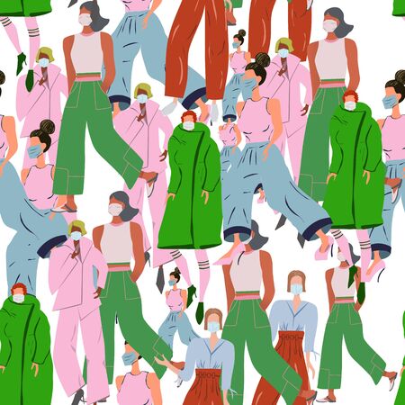 Seamless pattern with people wearing protective face mask. Latest trend news, fashion bloggers post. Flat cartoon illustration with copyspace on white background. Vector illustration.のイラスト素材