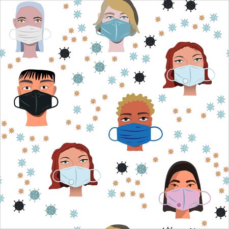 Repeat pattern with multunationality faces wearing protective face mask. Latest trend news, fashion bloggers post. Flat cartoon illustration with copyspace on white background. Vector illustration.のイラスト素材