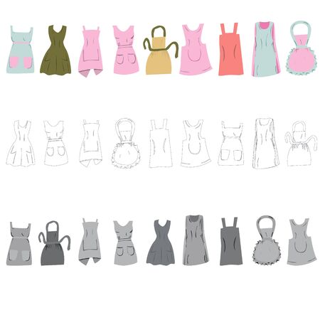 Vintage aprons set cute colours isolated on white background. Flat cartoon style Vector illustration.のイラスト素材