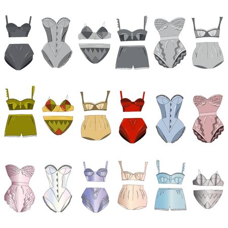 Line art female lingerie collection. Lace and silk underwear set , panties, bras, knickers isolated on white background. Vector illustration.のイラスト素材