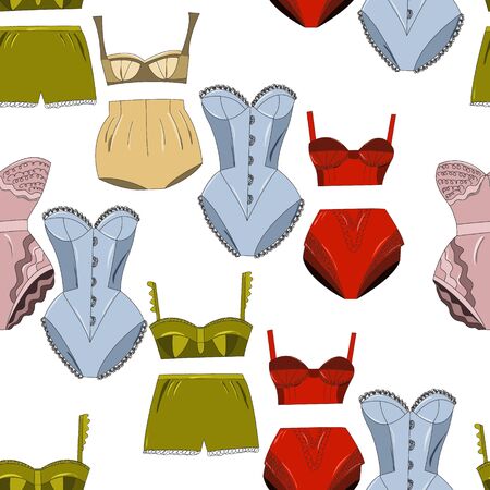 Endless pattern lingerie collection. Lace underwear set , panties, bras, knickers isolated on white background. Vector illustration.の写真素材