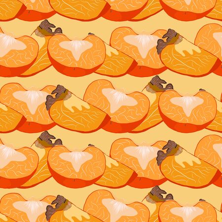 Persimmon whole and cut seamless pattern on a yellow background. Juicy fruit endless pattern vector illustration, design for wallpapers, fabrics, textiles, packaging.のイラスト素材