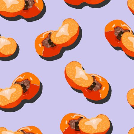 Sharon fruit whole and sliced top view with shadow pop art seamless pattern on a lilac background. Persimmon endless pattern vector illustration, design for wallpapers, fabrics, textiles, packaging.のイラスト素材