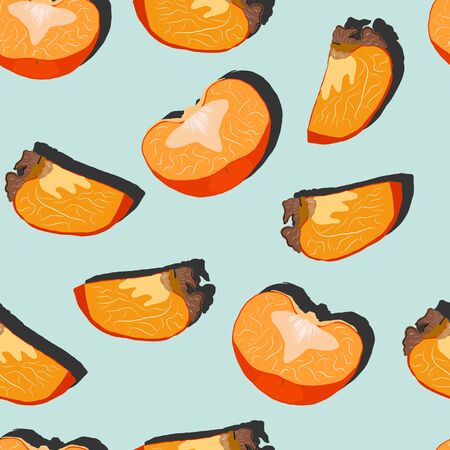Persimmon slices with shadow pop art seamless pattern on a turquoise background. Juicy fruit endless pattern vector illustration, design for wallpapers, fabrics, textiles, packaging.のイラスト素材