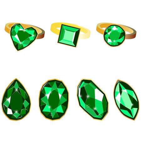 Fancy vivid emerald diamond gems and golden rings isolated on white background. Vector illustration jewels or precious diamonds gem set. Diamonds set.のイラスト素材