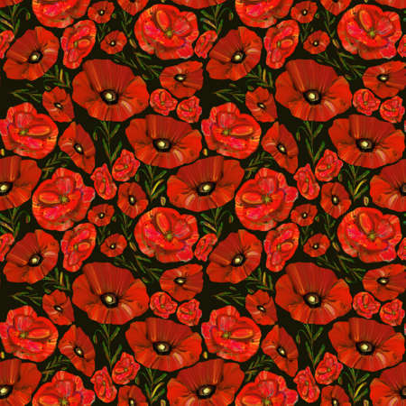 Red poppies seamless pattern on black background. Wildflower endless backdrop. Design illustration for textile, fabric, wrapping paper, cards.の写真素材