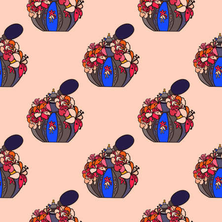 Bright tropical seamless pattern with bottles of fragrance. Endless texture for fashion design. Vector illustration.のイラスト素材