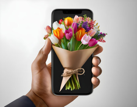 A hand holds a smartphone displaying a stunning bouquet, perfect for Valentineの写真素材