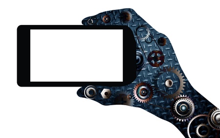 Gear hand holding blank mobile smart phone isolated on white backgroundの写真素材