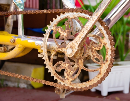 Close-up bicycle and rusty chain.の写真素材