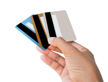 hand showing credit card  isolated on white background.