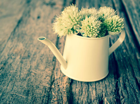 White flower in a vase on old wood.の写真素材