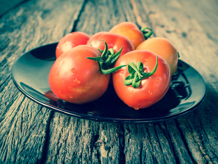 Tomatoes in dish on old wood background. の写真素材