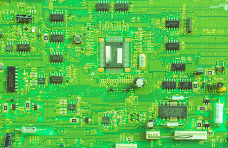 Close up of a printed green computer circuit board