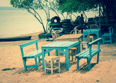 Outdoor beach restaurant at tropical resort.の写真素材