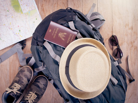 Preparation for travel,trip vacation, tourism mock up of road map,shoes,sunglasses ,passport...