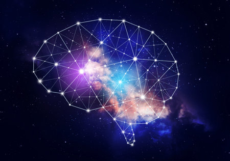 Concept of human intelligence with human brain  inside the universe background.