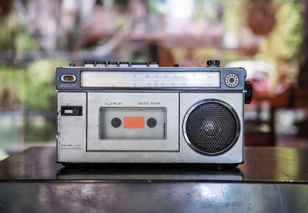 Old radio cassette stereo player on table,Stereo Media Equipment.の写真素材