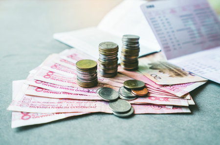 money and Bank account on table for finance and banking concept.の写真素材