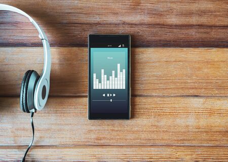 Music app on mobile, audio app on touchscreen smartphone.の写真素材