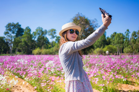 Beautiful happy asian woman taking a selfie in cosmos flower field.