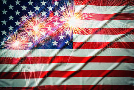 American flag with fireworks background,Memorial Day or 4th of July.の写真素材