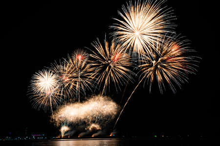 colorful fireworks on the black sky background over the sea.の写真素材