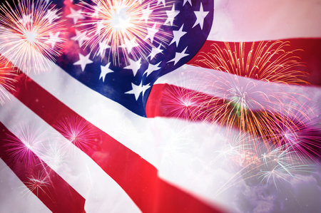 American flag with fireworks background,Memorial Day or 4th of July.の写真素材