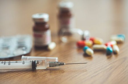 Dose syringes scattered and drug on the floor,Healthcare concept.の写真素材