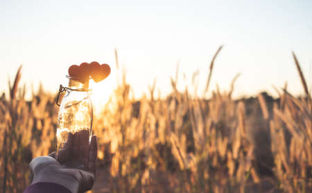 Woman hand giving bottle with heart shape,Valentine concept.の写真素材