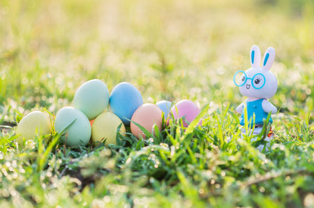 Little Bunny and easter eggs on meadow,Funny decoration,Happy Easter.