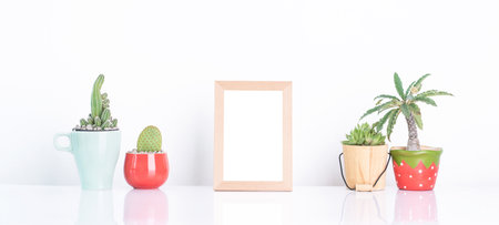 Mock up frame with cactus and succulent plants on White shelf against a white wall. Copy space.の写真素材
