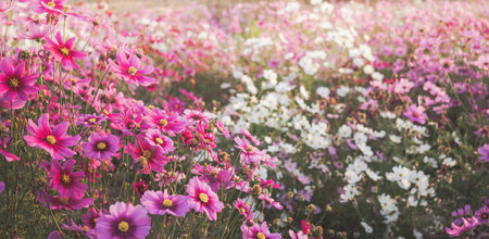 Pink cosmos flowers full blooming in the field with sunrises.の写真素材